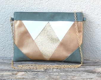 Wedding pouch bag, sage green suede evening pouch, white, imitation gold leather, gold glitter - After the Beach - Wedding witness gift