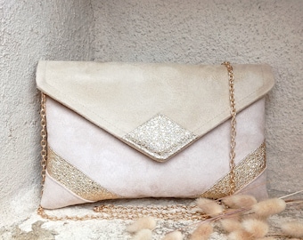 Pochette mariage, pochette soirée,  beige doré paillettes - Pochette enveloppe, sac à main - Après la Plage ©