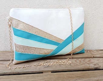 Wedding clutch, mint white evening bag, turquoise water green and gold suede and imitation leather, Art Deco style bag clutch - After the Beach