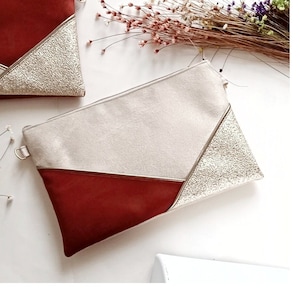 Wedding clutch, evening clutch, beige suede, terracotta, gold glitter faux leather - Wedding witness woman gift - After the Beach