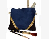 Pouch, mini bag, makeup Kit in black faux suede and Blue Navy, Golden - after the beach graphic lines