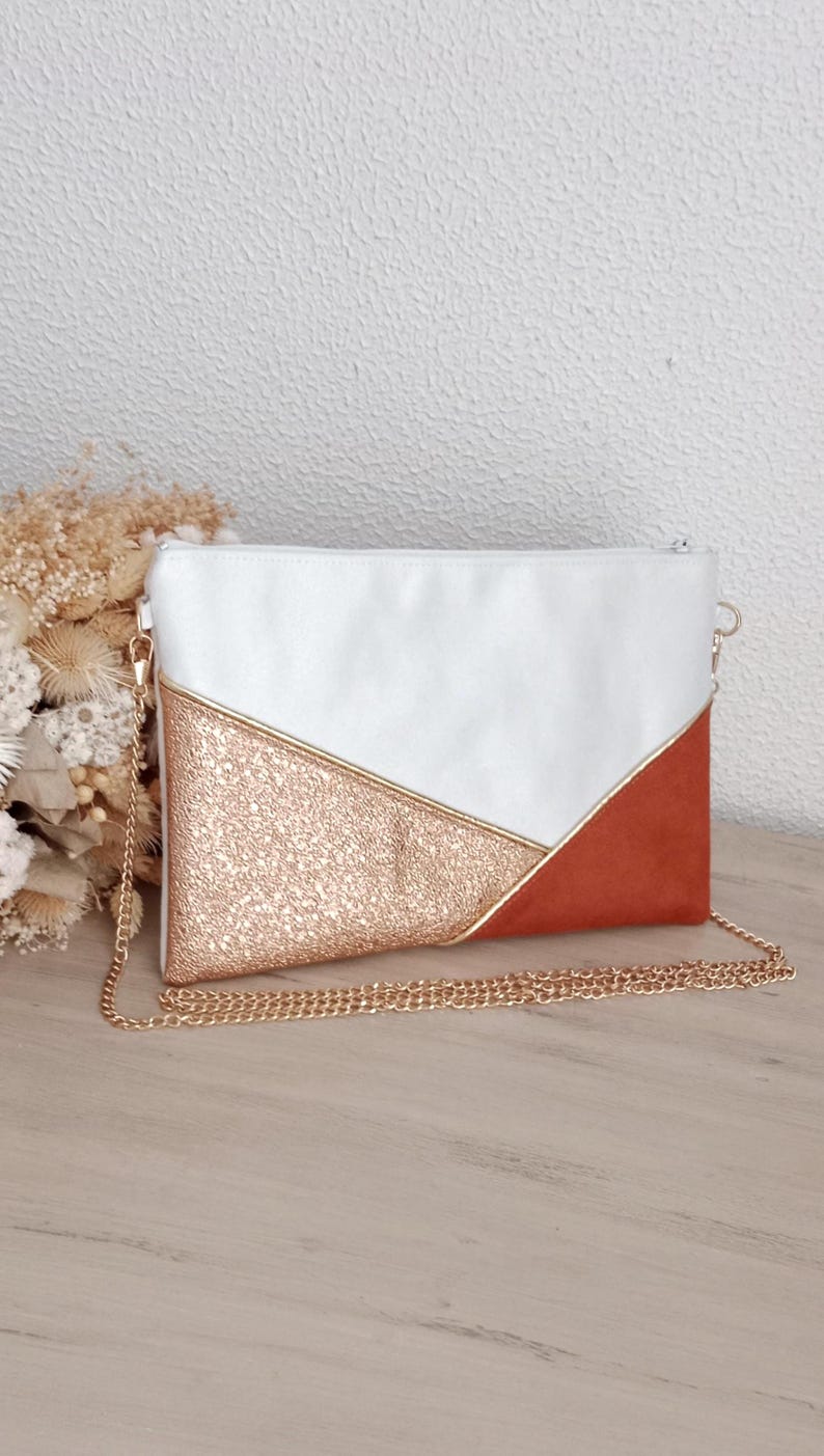 Wedding clutch, evening clutch, white bag, orange faux leather copper pink gold graphic lines - Après la Plage image 2