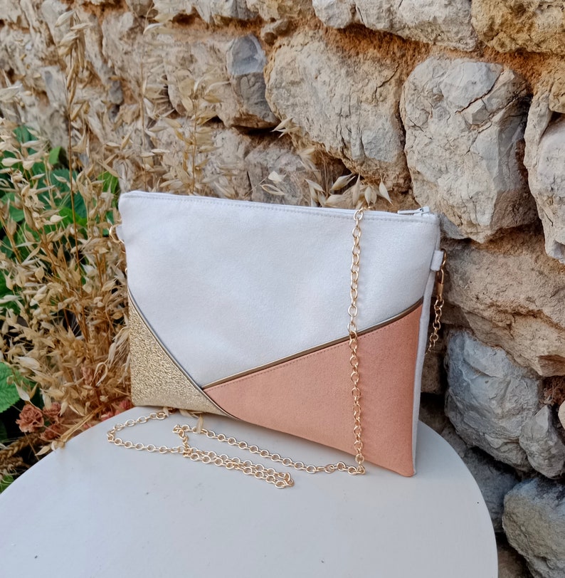 Wedding clutch bag white-ecru peach gold sequins evening bag, Faux leather suede, Woman gift ceremony witnesses After the Beach image 4