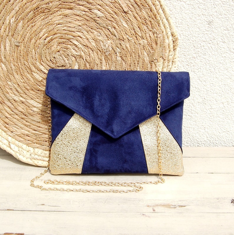 Pochette mariage, pochette soirée bleu marine et dorée paillettes Pochette enveloppe, sac à main Pochette Playa Après la Plage image 1