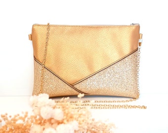 Gold and sequin wedding clutch, evening clutch two shades of gold faux leather glitter - Après la Plage