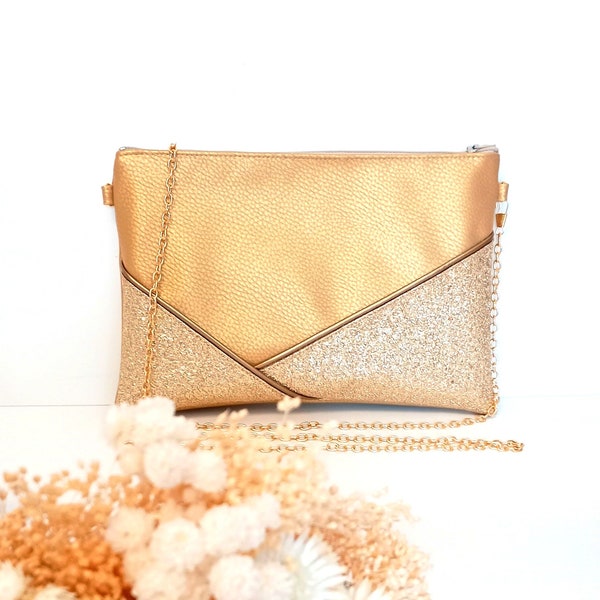 Pochette da sposa oro e paillettes, pochette da sera due tonalità di glitter in ecopelle oro - Après la Plage