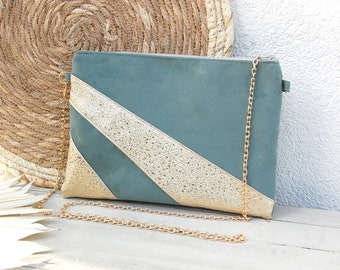 Abend-Clutch, Hochzeits-Clutch in Salbeigrün mit goldenen Pailletten – Geschenk zur Trauzeugin – Geschenk für Frauen, Brautjungfer – After the Beach ©