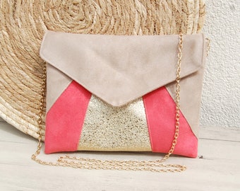 Wedding clutch, evening clutch, beige, coral, gold glitter - Envelope clutch, handbag - After the Beach ©