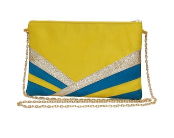 Hellgelbe Hochzeits-Clutch, goldenes Entenblau, Abend-Clutch aus Wildleder und Glitzerlederimitat – After the Beach