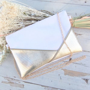 Wedding clutch, evening clutch, ecru and gold bag - Graphic golden imitation leather lines - Ceremony, wedding witness - After the Beach
