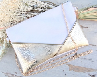 Wedding clutch, evening clutch, ecru and gold bag - Graphic golden imitation leather lines - Ceremony, wedding witness - After the Beach