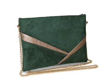 Sac pochette de soirée, pochette vert sapin et doré bronze