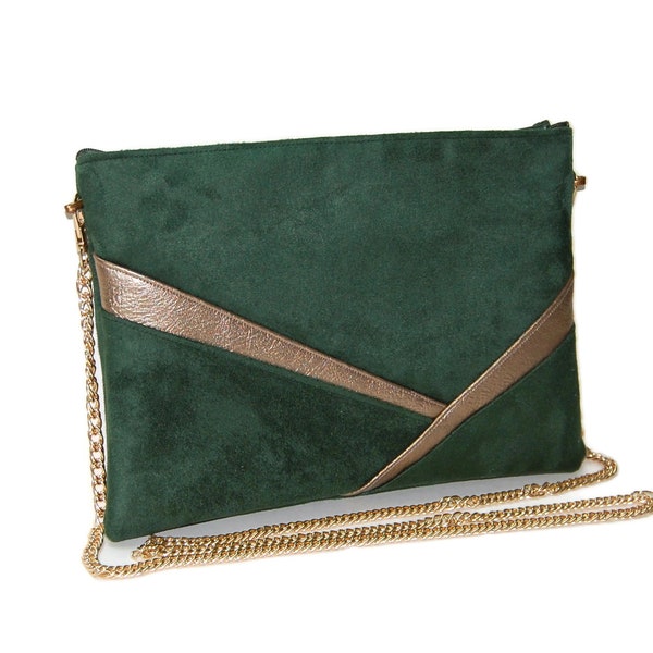 Evening pouch bag, fir green and bronze gold pouch - Wedding pouch - Ceremony gift - After the Beach