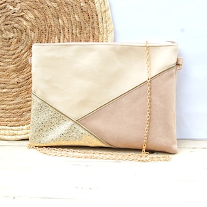 Wedding clutch, evening clutch, beige, sand, gold glitter imitation leather (Suede/Imitation leather) - Wedding witness gift - After the Beach