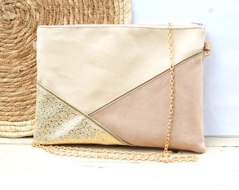 Hochzeits-Clutch, Abend-Clutch, Beige, Sand, Gold-Glitzer-Kunstleder (Wildleder/Kunstleder) – Geschenk zur Trauzeugin – After the Beach