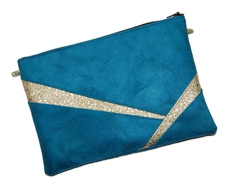 Golden duck green blue pouch bag, blue green wedding pouch, gold glitter, golden graphic lines - After the Beach