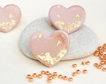 Old pink and gold heart brooch in polymer clay and resin, women's jewelry, wedding gift, Mother's Day gift - After the Beach