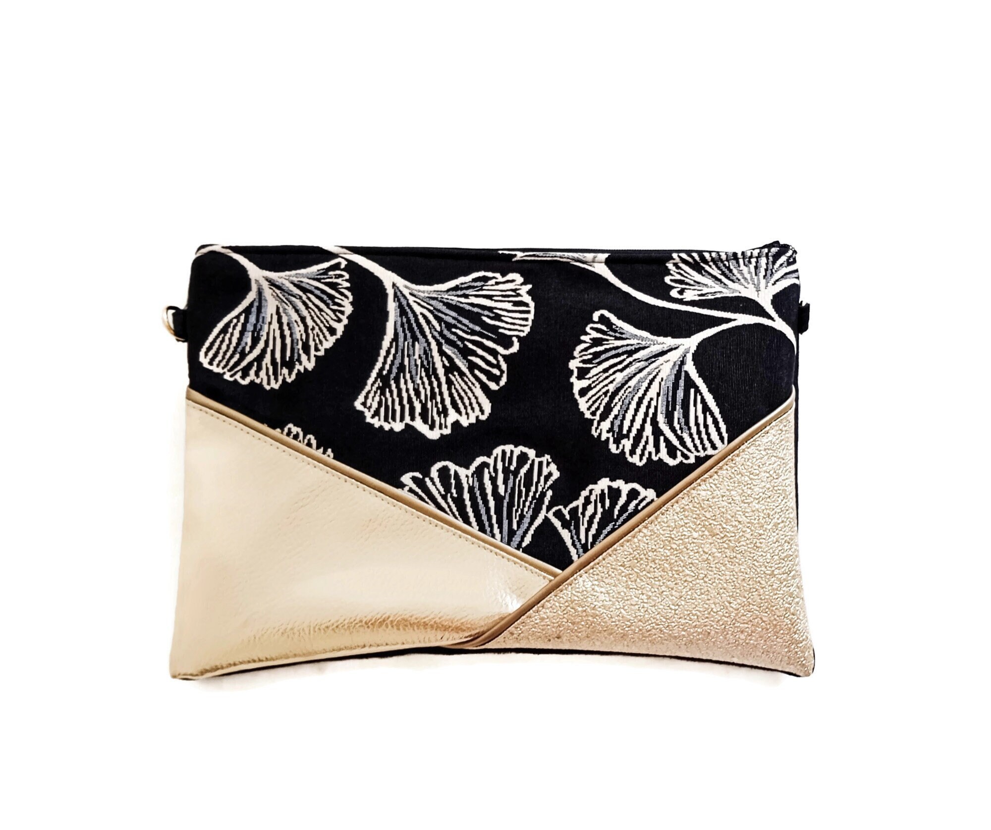 Wedding Clutch Black and Gold Evening Bag Black Ginkgo and Gold Imitation Leather Women s Gift Ceremony Witness After the Beach Parties Etsy Ireland