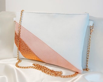 Wedding clutch, evening clutch, powder pink white suede bag imitation leather rose gold sequins - Witness, ceremony, After the Beach parties