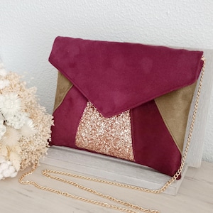 Abend-Clutch, Hochzeits-Clutch, bordeauxgrün, khakifarbenes Kunstleder, Roségold-Glitzer, Umschlag-Clutch, Handtasche, Zeugengeschenk nach dem Strand