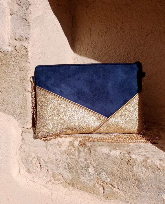 Pochette bleu et or, pochette mariage, pochette soirée, sac bleu