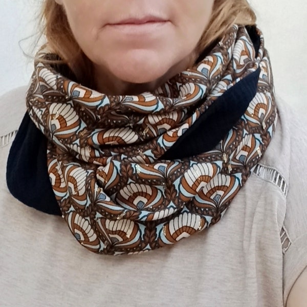 Snood donna, doppio collo, sciarpa a tubo, foulard, scaldacollo, doppia garza, viscosa, conchiglia nero cammello oro - After the Beach