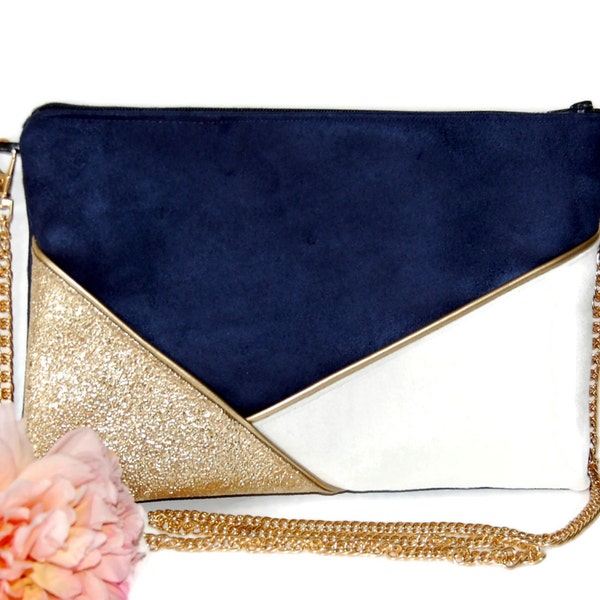 Pochette mariage, pochette de soirée, sac suédine bleu marine blanc paillettes doré - Après la Plage