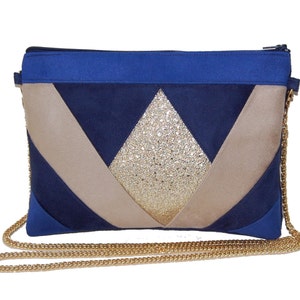 Wedding clutch, evening clutch, navy blue, royal blue, sand beige, gold glitter faux leather - After the Beach