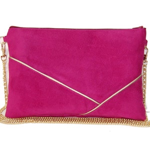 Pochette mariage, pochette soirée, sac à main, suédine rose fuchsia, ligne graphique dorée - Après la Plage