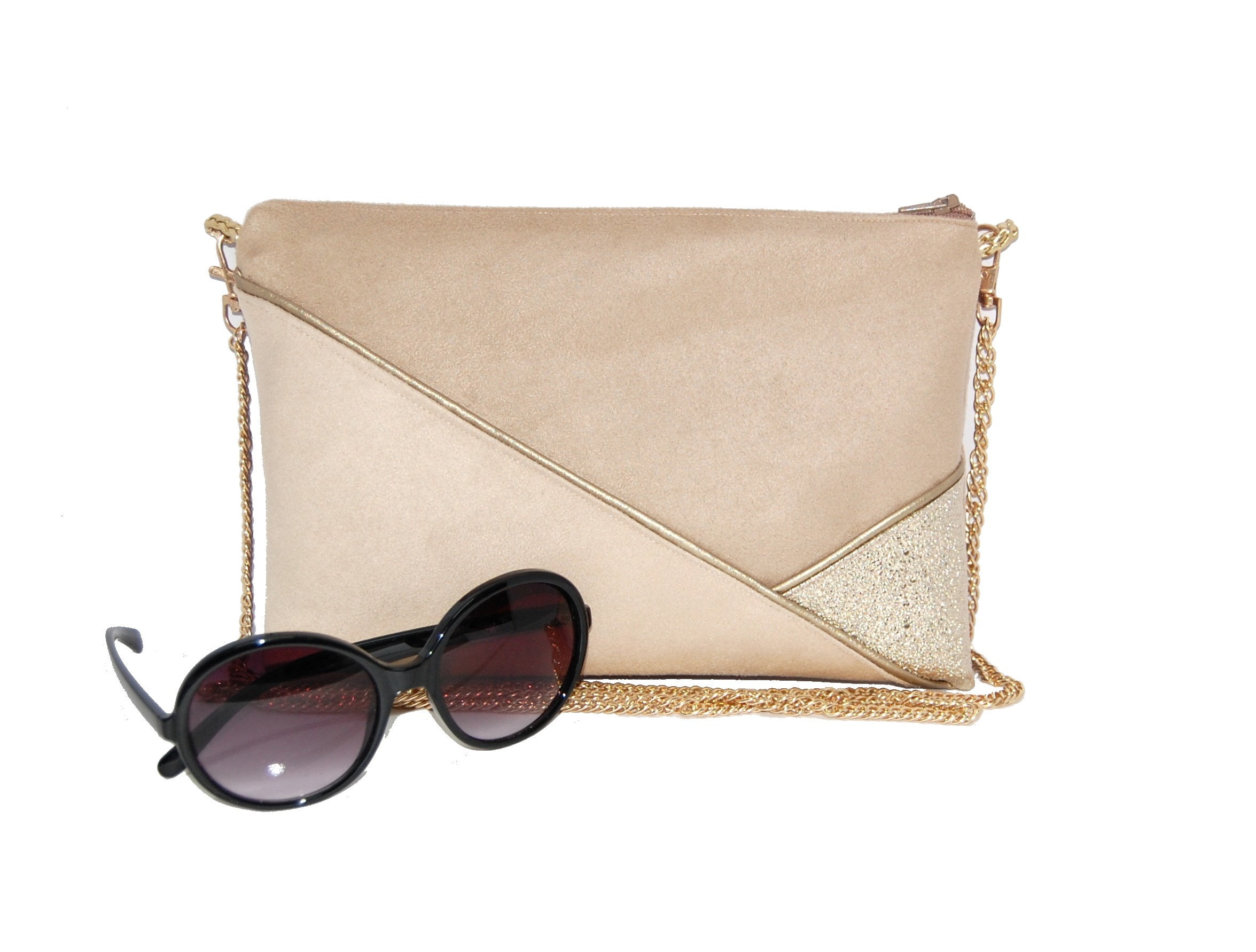 Pochette mariage pochette de soiree sac suedine beige sable simili cuir paillettes dorees Apres la Plage Etsy France