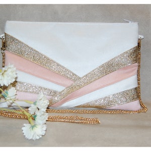 Personalized wedding pouch white powder pink e and gold, evening clutch bag, Art Deco style bag - After the Beach