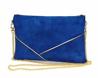 Wedding clutch, evening clutch, royal blue suede handbag with golden graphic line - After the Beach