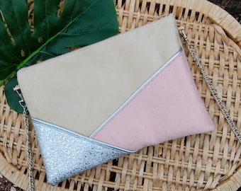 Trouwtas, avond clutch, beige poeder roze zilveren pailletten - After the Beach