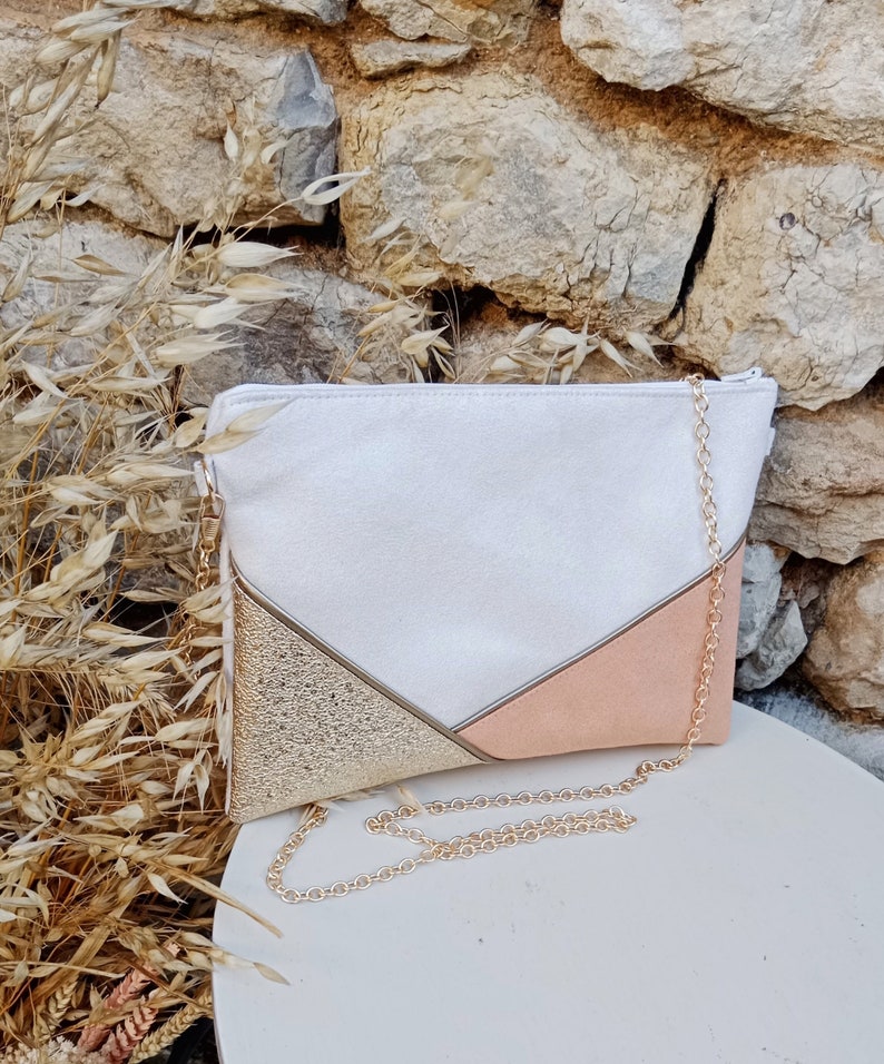 Wedding clutch bag white-ecru peach gold sequins evening bag, Faux leather suede, Woman gift ceremony witnesses After the Beach image 1