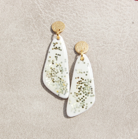 White and golden clay earrings of glittering glitter Polymer clay and resin Wedding Mother s Day After the Beach