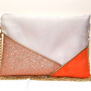 Wedding clutch, evening clutch, ivory bag, orange, faux copper leather pink gold graphic lines - After the Beach