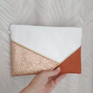 Wedding clutch, evening clutch, white bag, orange faux leather copper pink gold graphic lines - Après la Plage image 5