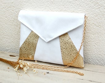 Pochette mariage, pochette soirée, blanc et doré paillettes - Pochette enveloppe, sac à main - Cadeau témoin, fête des mères Après la Plage