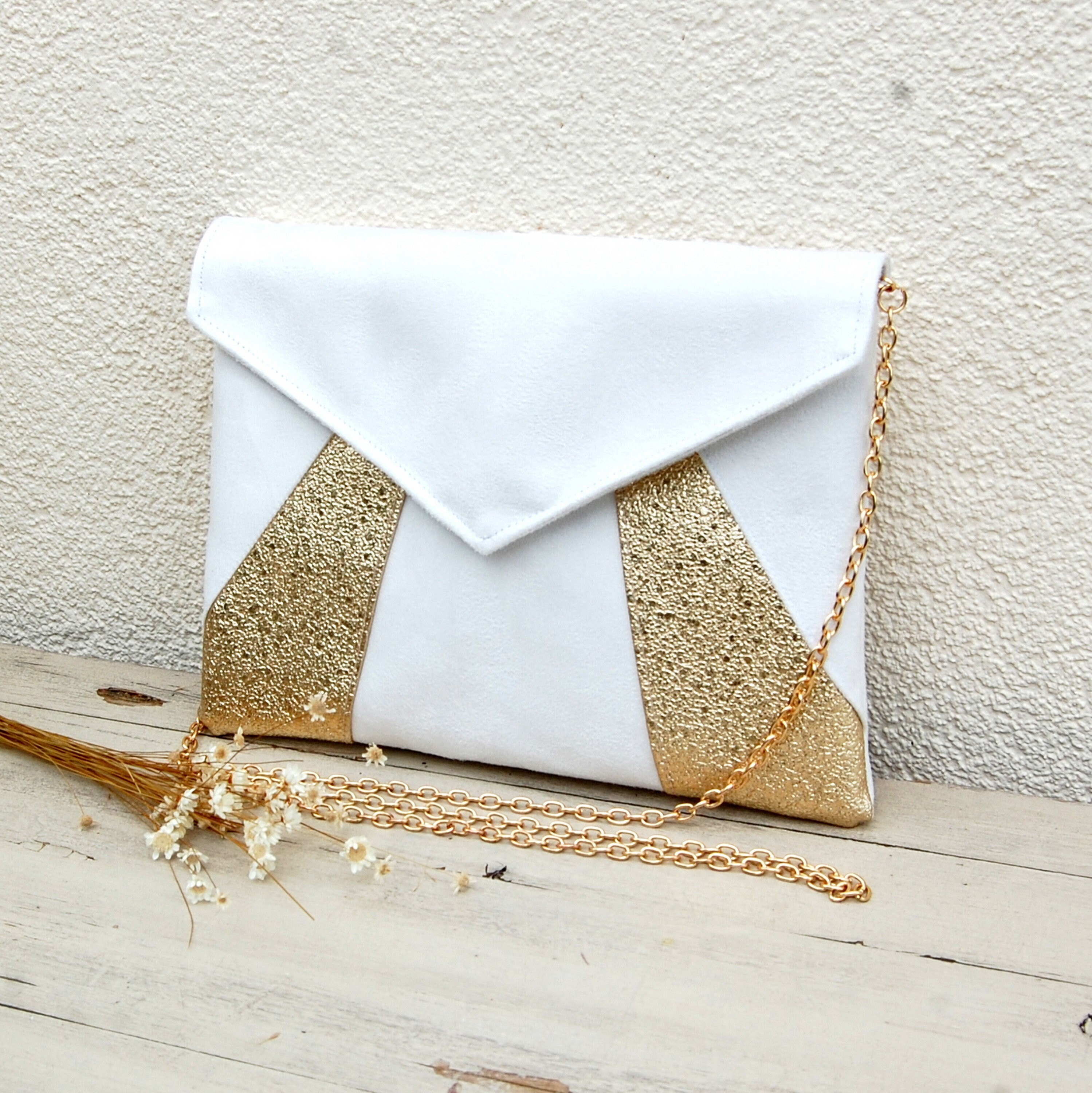 Wedding Clutch Evening Clutch White and Gold Sequins Envelope
