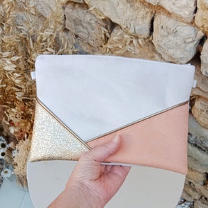 Wedding clutch bag white-ecru peach gold sequins evening bag, Faux leather suede, Woman gift ceremony witnesses After the Beach image 3