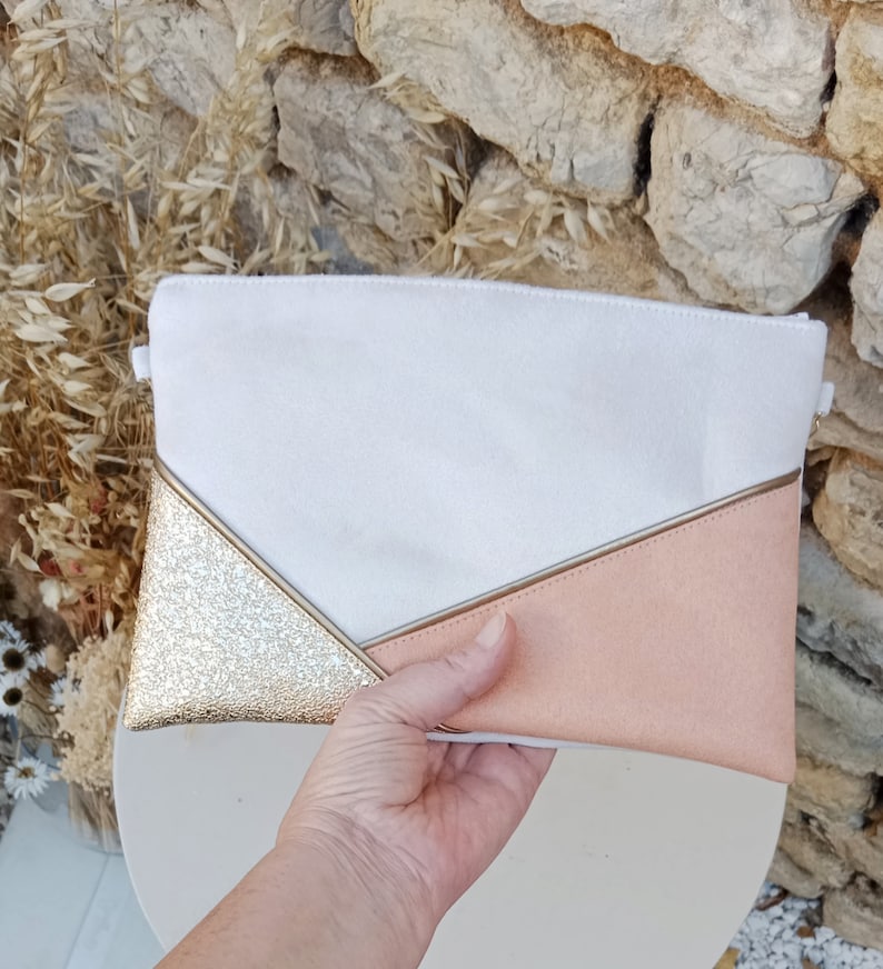Wedding clutch bag white-ecru peach gold sequins evening bag, Faux leather suede, Woman gift ceremony witnesses After the Beach image 3