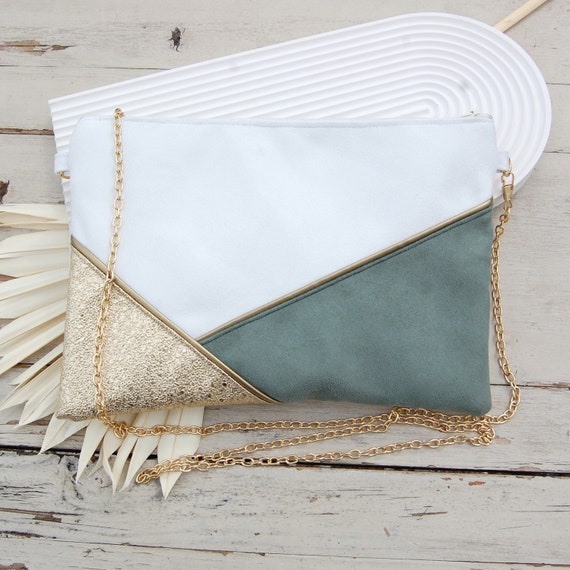 Wedding Clutch Evening Clutch White Sage Green and Gold Glitter Suede Bag Gold Graphic Lines After the Beach Etsy Ireland