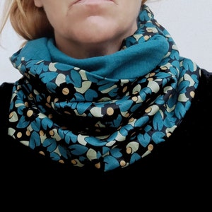 Women&#39;s snood, double collar, tube scarf, scarf, neck warmer, double gauze, viscose, duck blue flowers Women&#39;s gift - After the Beach