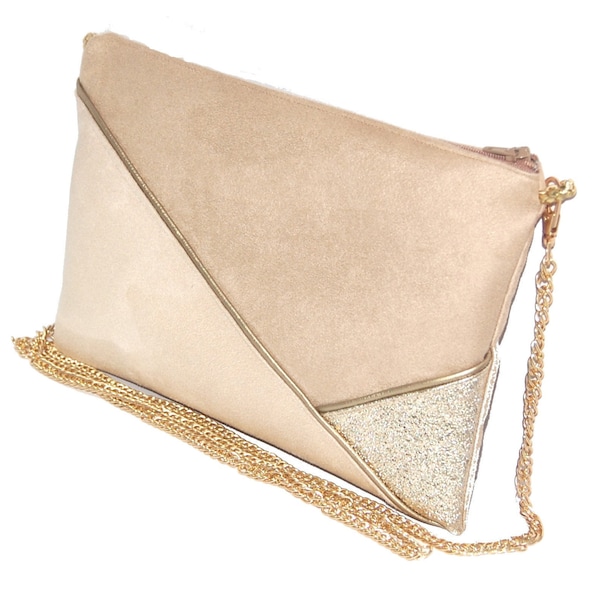 Wedding clutch, evening clutch, beige suede bag, sand, gold glitter imitation leather - Après la Plage