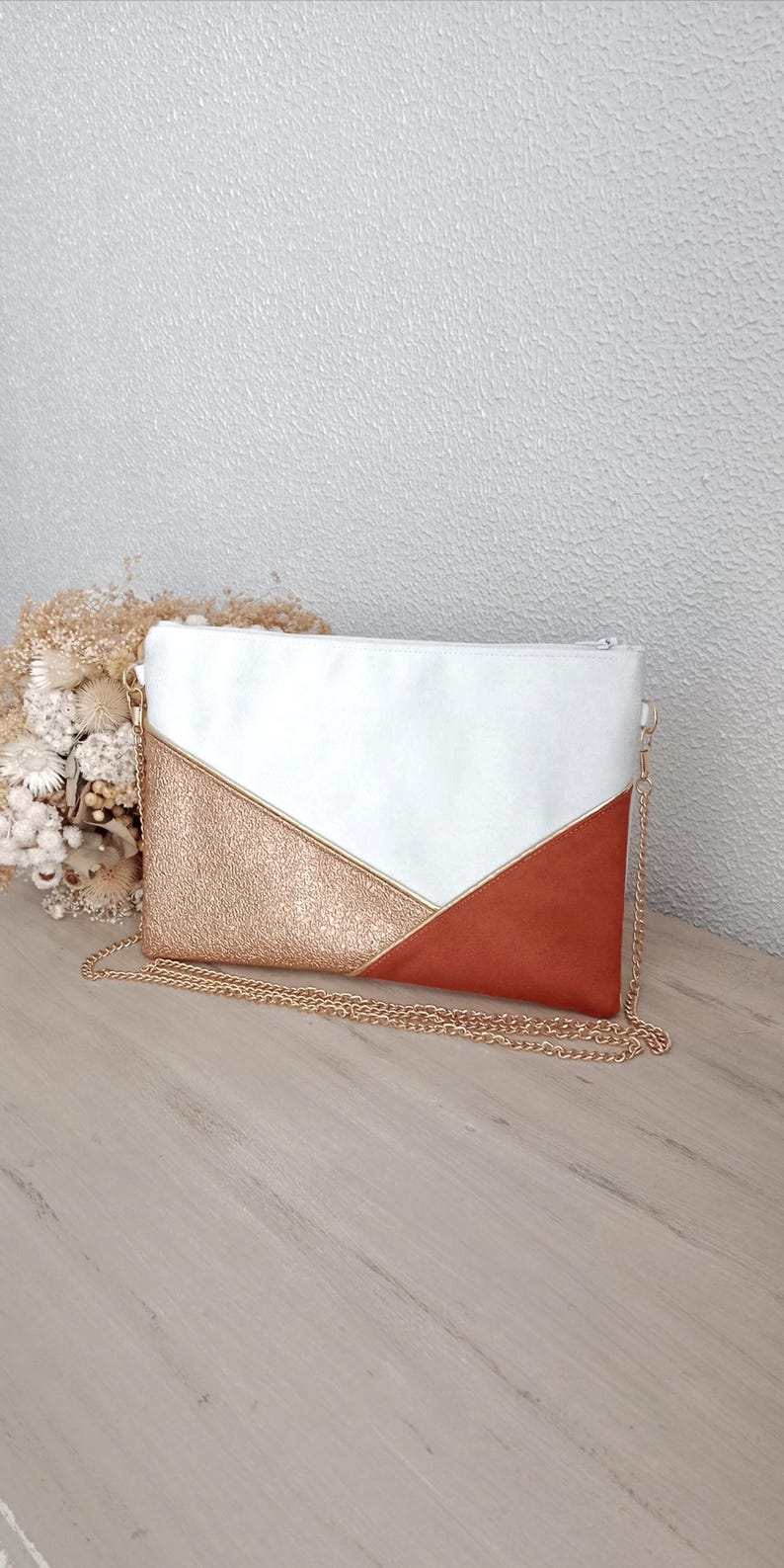 Wedding clutch, evening clutch, white bag, orange faux leather copper pink gold graphic lines - Après la Plage image 3