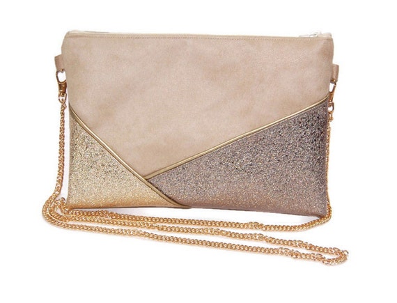 Evening Pouch Bronze Gold Beige Bag Faux Leather Sequin Gift