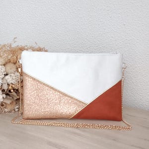 Wedding clutch, evening clutch, white bag, orange faux leather copper pink gold graphic lines - Après la Plage image 1