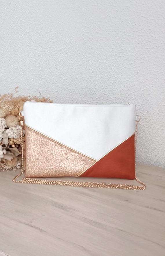 Pochette mariage, pochette de soirée, sac blanc, orange simili cuir cuivre rose  lignes graphiques dorées - Après la Plage
