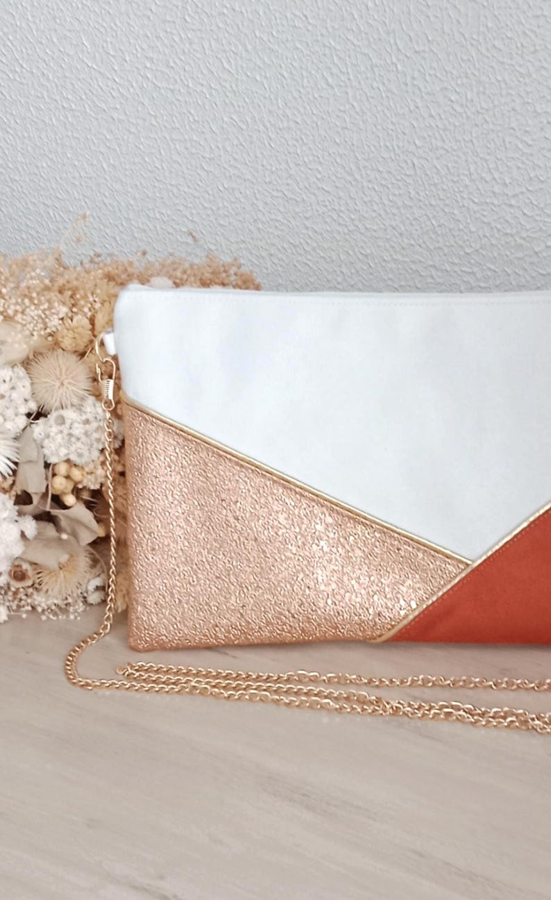 Wedding clutch, evening clutch, white bag, orange faux leather copper pink gold graphic lines - Après la Plage image 4