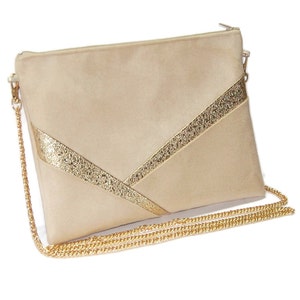 Wedding clutch, evening clutch, beige faux leather gold sequins gold graphic line - After the Beach